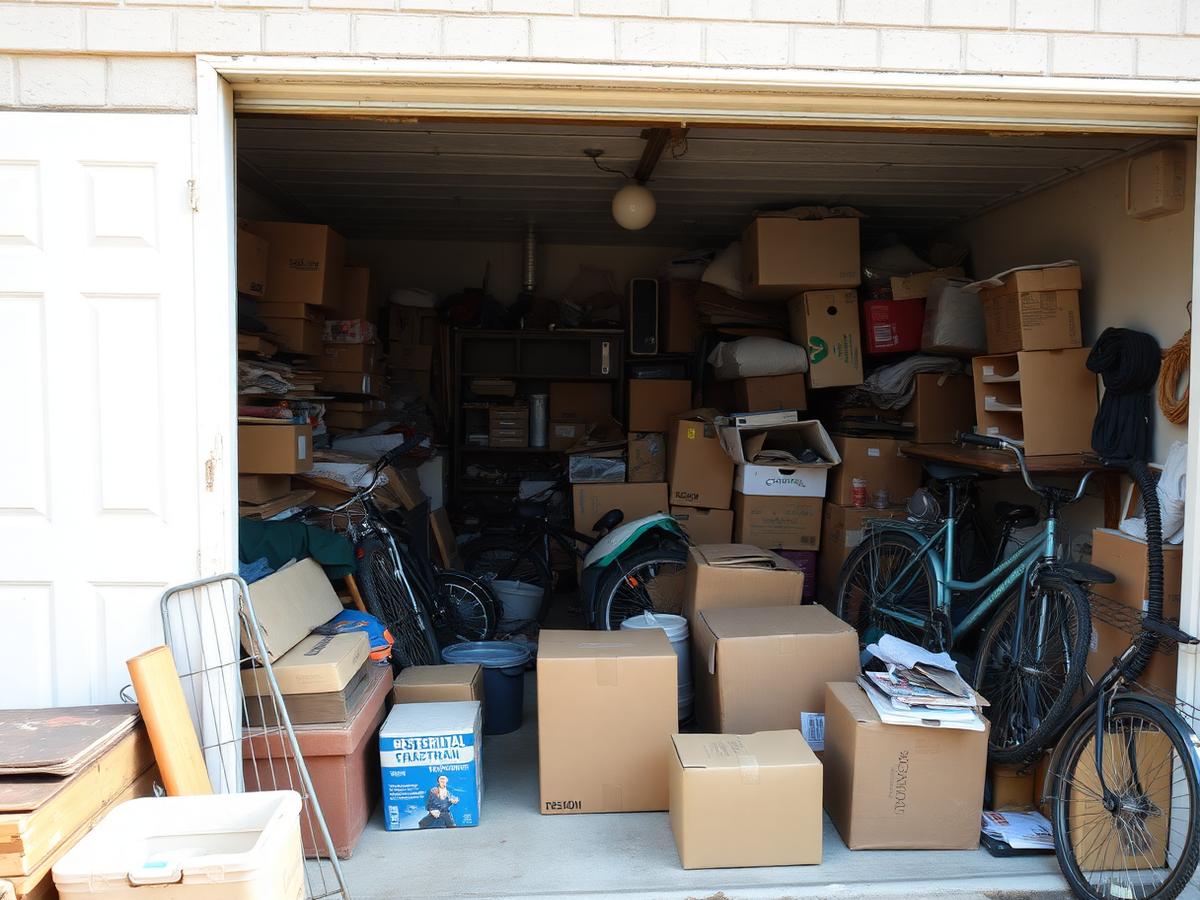 Cluttered Ocala garage packed with boxes, old furniture and clutter before junk removal